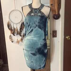 Elegant Blue Tie-Dye Halter Dress/ tunic top